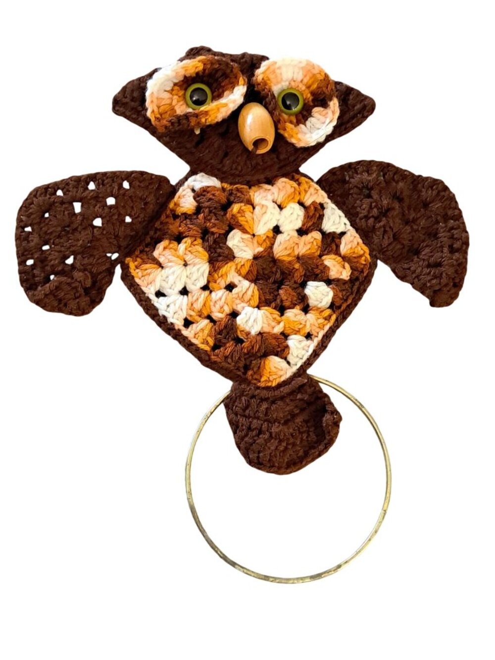 Vintage 1970s Crochet Owl Towel Holder Wall Hanging Kitchen Decor Handmade Brown